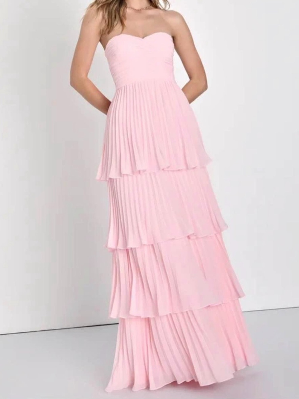 Lulus Seriously Sensational Strapless Tiered Pleated Maxi Dress - Light Pink